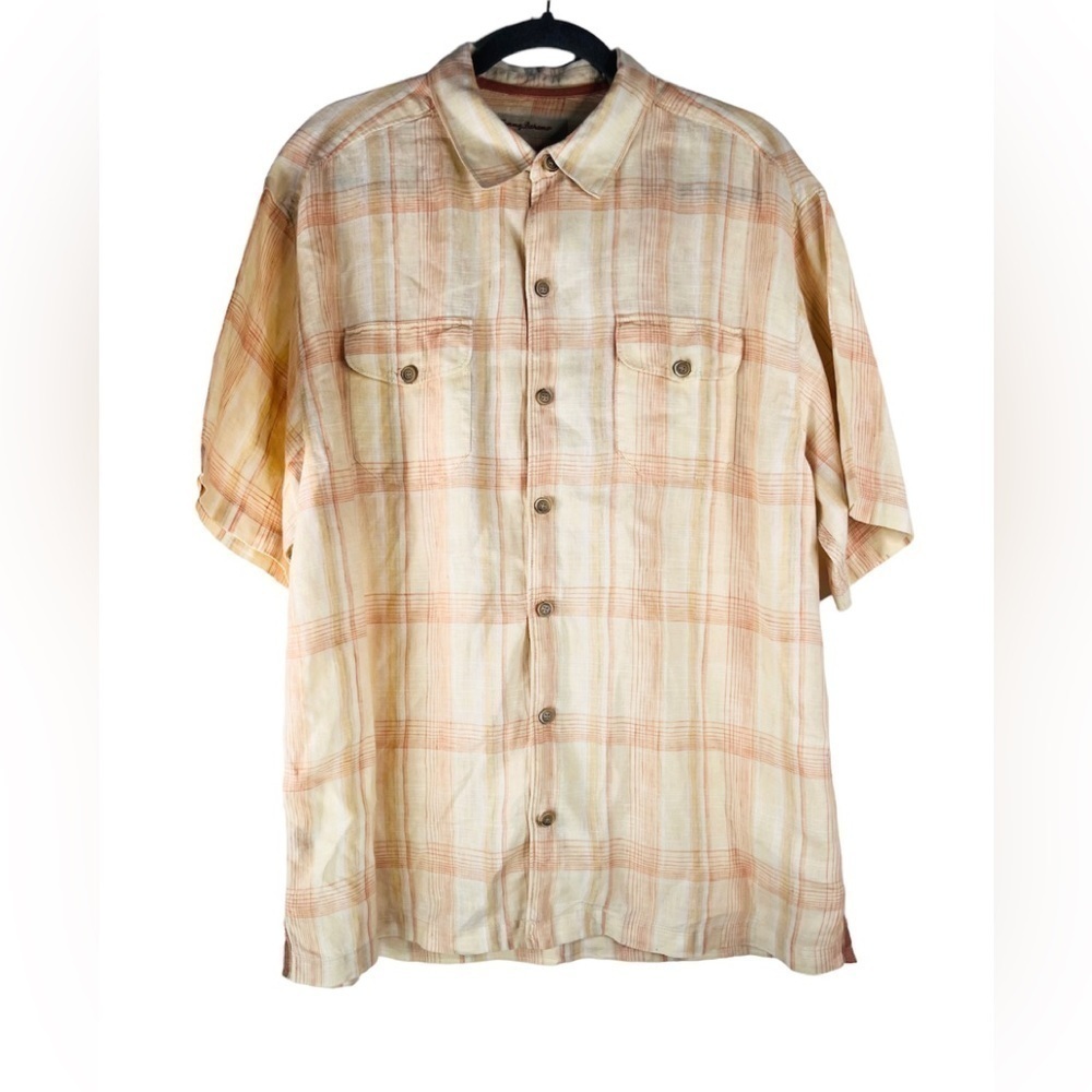 Tommy Bahama 100% Linen Men Buttondown Short Sleeve Shirt Yellow  Red Size L